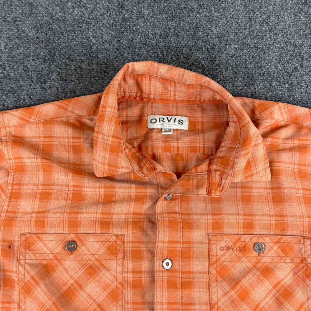 Orvis Classic Shirt Mens Small Orange Plaid Short Sleeve Work Wear Button Up